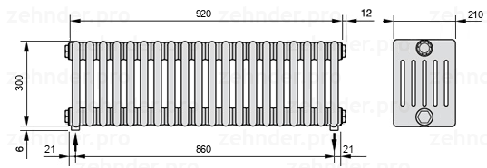 Схема (чертеж) Радиатор Zehnder Charleston 6030/20 №5310 Белый глянцевый RAL 9016